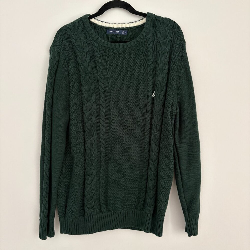 Nautica Crew Neck Cable Knit Green Sweater 100% Cotton Cabincore Dadcore Preppy